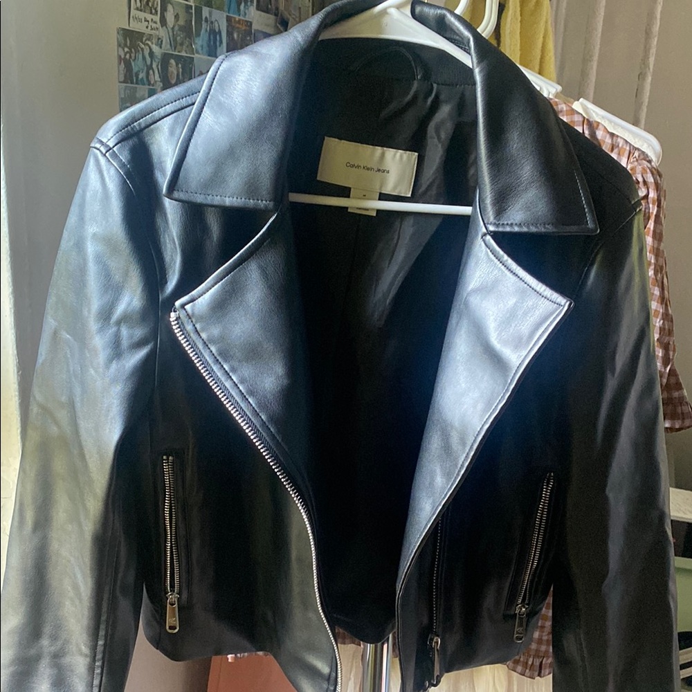 Calvin Klein Black Leather Moto Jacket Asymmetrical Zipper